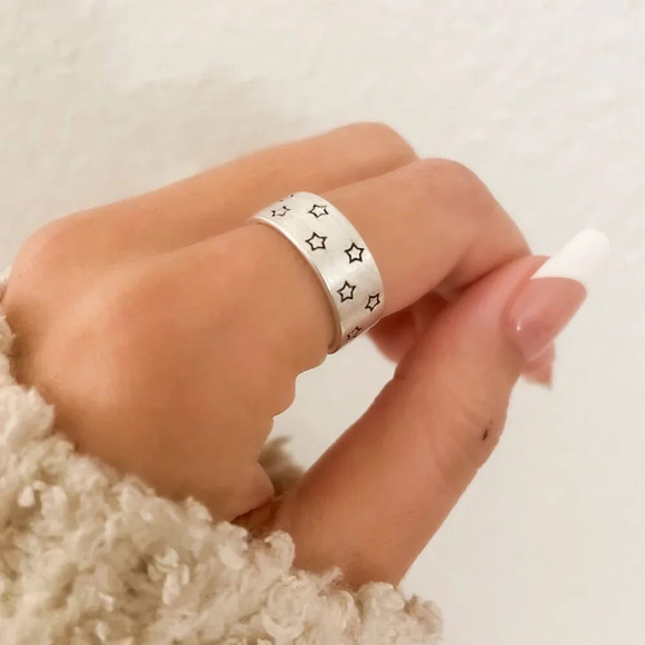 925 Sterling Silver Star Ring Textured Ring Band Celestial Star Ring Band - Picture 6 of 9